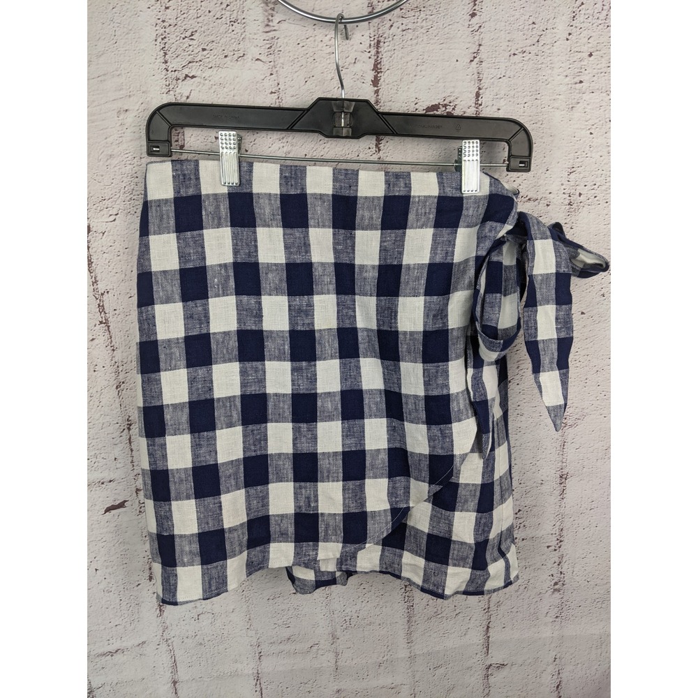 Reformation Sax Linen Wrap Mini Skirt Navy White Gingham Check Size L